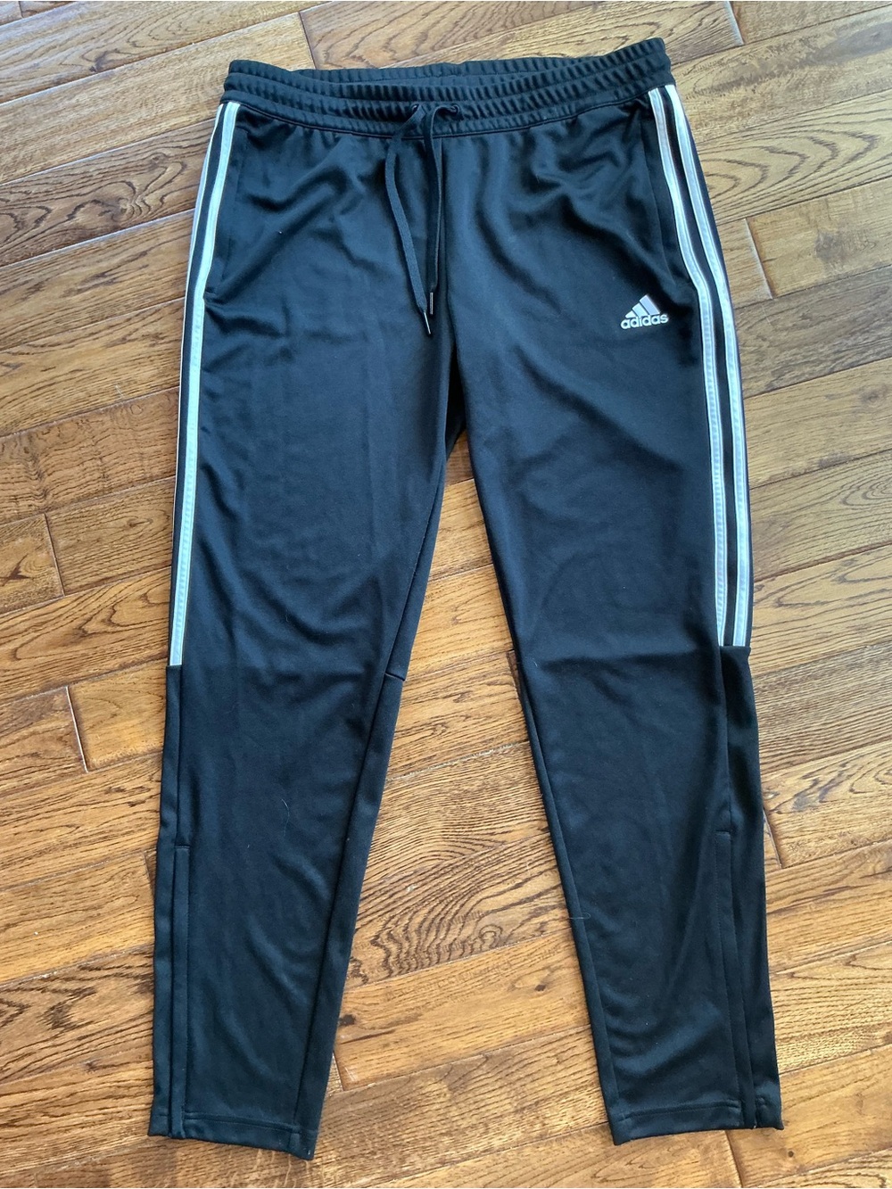 Adidas Primegreen Black Track Pants Women’s Large Tapered Stripe Zip Ankle